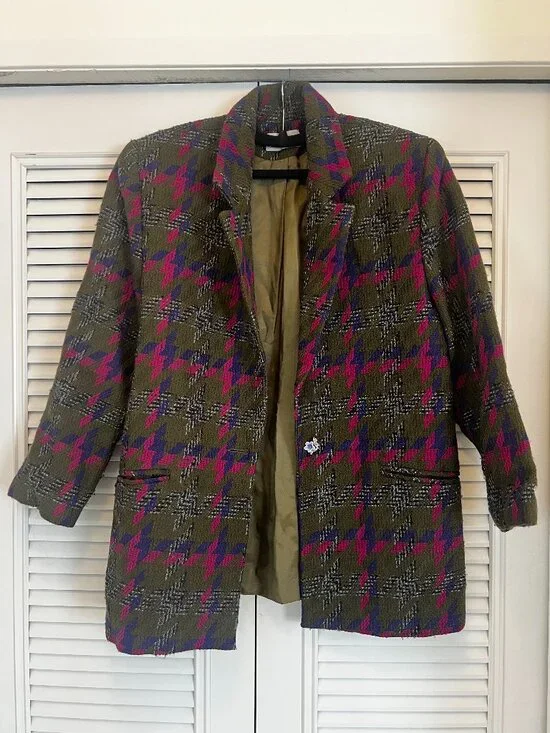 Vintage oversized blazer | olive houndstooth | statement jacket (M) - Picture 1 of 6
